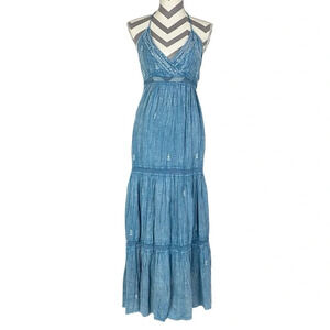 Raga Tiered Ingido Dreams Halter Maxi Dress Womens XS Blue Long Tie Neck Dress